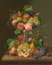 Bodegón de frutas con rosas
